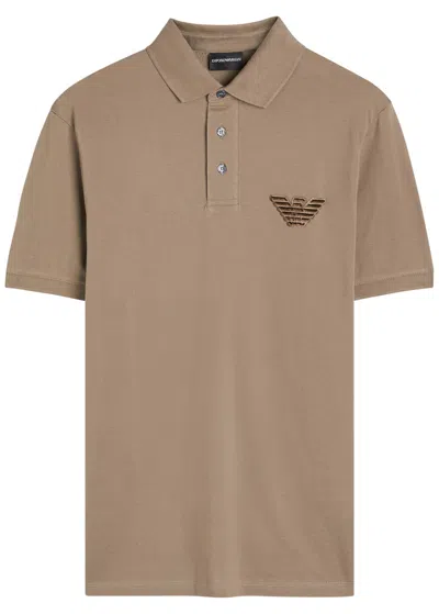 Emporio Armani Logo Piqué Cotton Polo Shirt In Brown