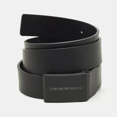 Pre-owned Emporio Armani Logo Plague Buckle Cut To Size Black Perforated Leather