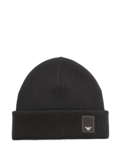 Emporio Armani Logo-plaque Ribbed Beanie In Black
