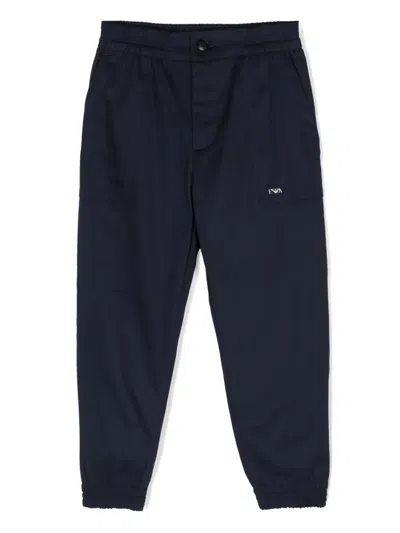 Emporio Armani Kids' Logo-plaque Stretch-cotton Tapered Trousers In Blue