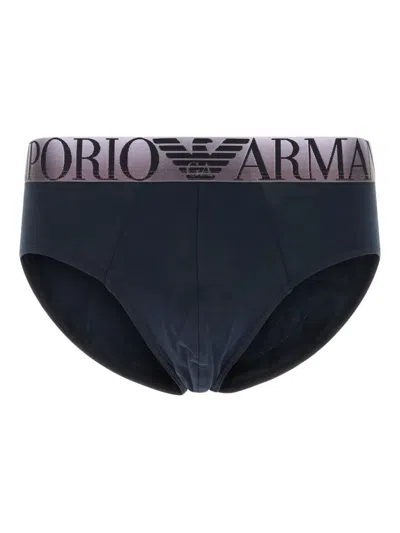 Emporio Armani Stretch Cotton Brief With Elastic Waistband In Blue