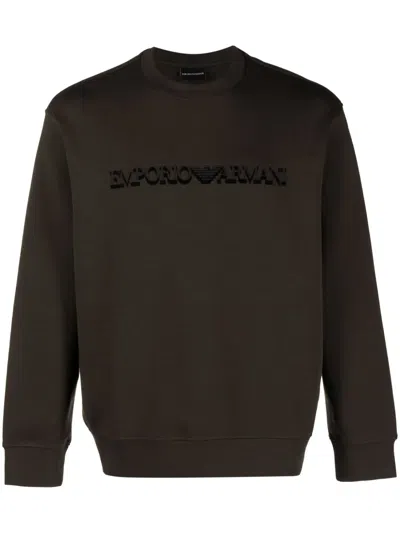 Emporio Armani Official Store Double-jersey Sweatshirt With Flocked Logo Print In Green