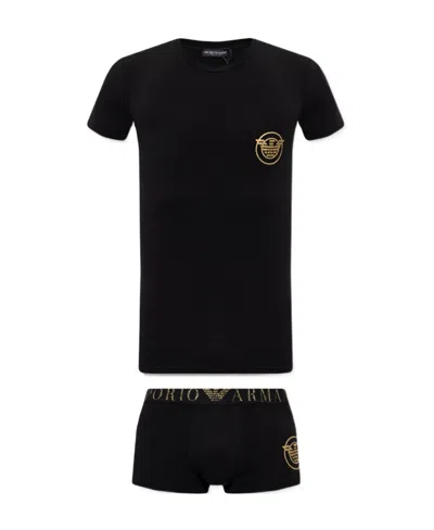Emporio Armani Logo Print Cotton Lounge Set In Black
