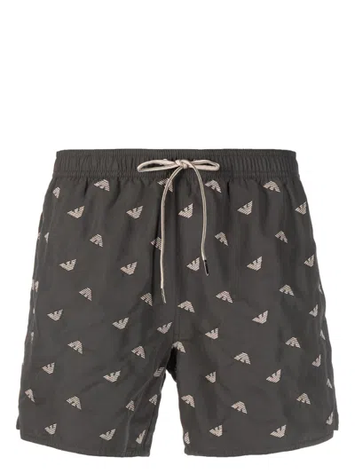 Emporio Armani Logo-print Elastic-waisted Swim Shorts In Brown