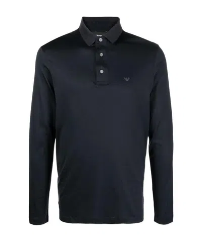 Emporio Armani Logo-print Long-sleeve Polo Shirt In Blue
