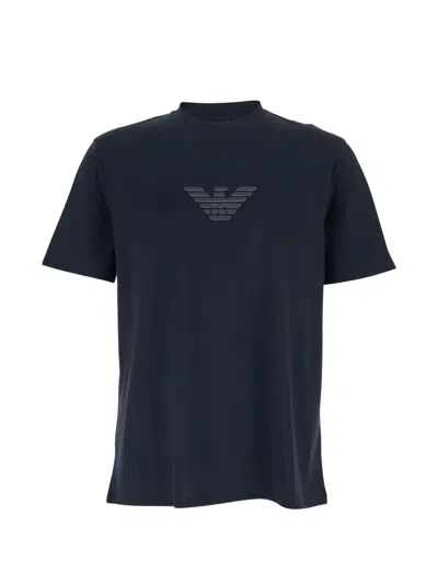 Emporio Armani Blue Crewneck T-shirt With Logo Embroidery On The Front In Cotton Man