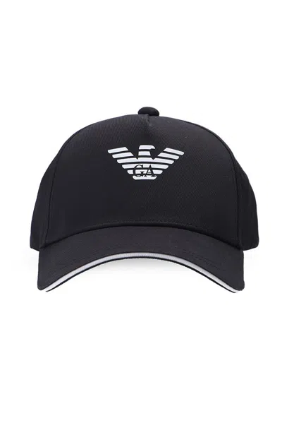 Emporio Armani Adjustable Cotton Logo Cap With Curved Brim In Black