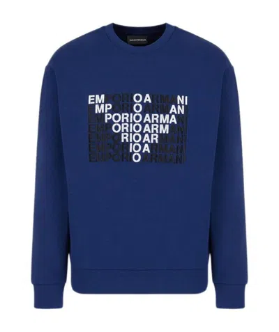 Emporio Armani Logo Printed Round Neck Sweater In Blue