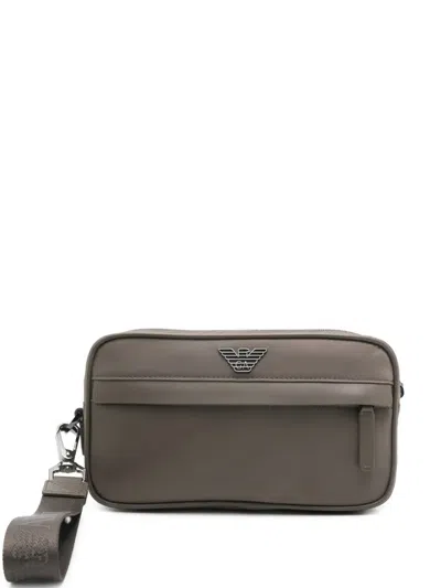 Emporio Armani Logo Strap Wash Bag In Brown