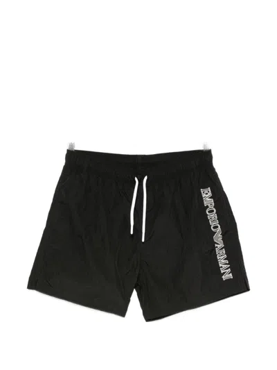 Emporio Armani Swim Shorts Mid Length Drawstring Elastic Waistband Logo In Black
