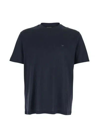 Emporio Armani Blue Crewneck T-shirt With Logo Embroidery On The Front In Cotton Blend Man