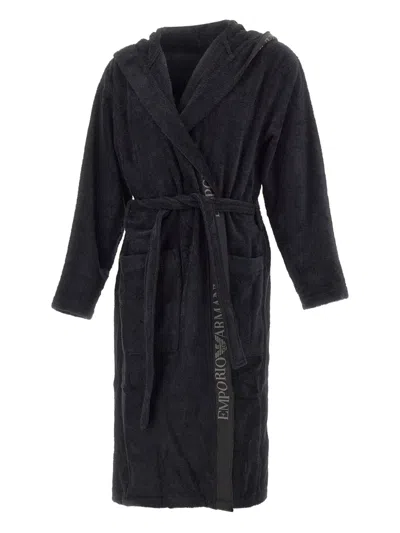 Emporio Armani Logo-trim Hooded Bathrobe In Black