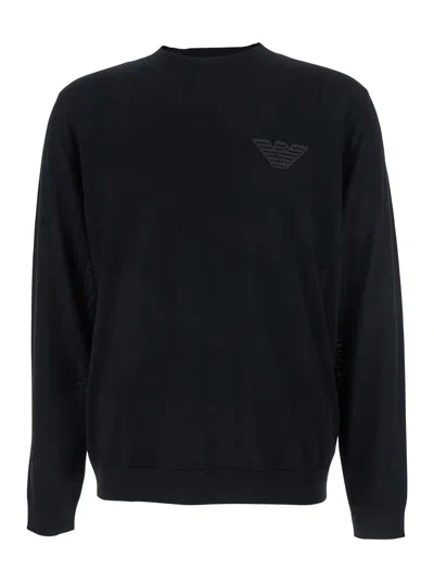 EMPORIO ARMANI BLACK CREWNECK SWEATER WITH LOGO EMBROIDERY ON THE FRONT IN WOOL MAN
