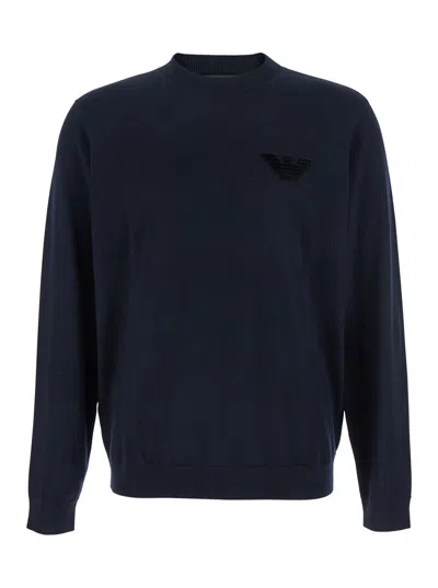EMPORIO ARMANI BLUE CREWNECK SWEATER WITH LOGO EMBROIDERY ON THE FRONT IN WOOL MAN