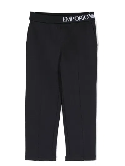 Emporio Armani Kids' Logo-waistband Twill Straight-leg Trousers In Blue