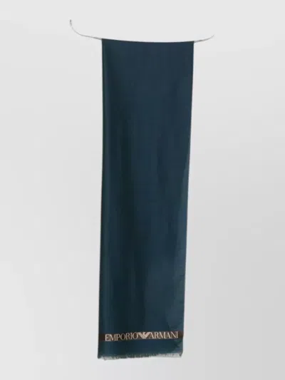 Emporio Armani Logo Wool Blend Scarf Fringed Edges In Blue