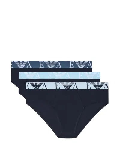 Emporio Armani Logo-embroidered Elastic Briefs (set Of Three) In Blue