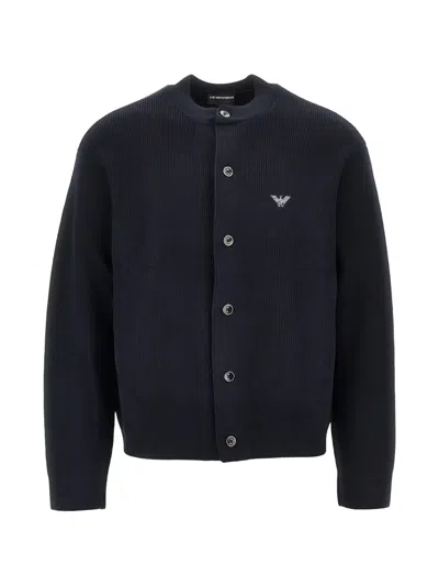 Emporio Armani Logo-embroidered Ribbed-knit Cardigan In Blue