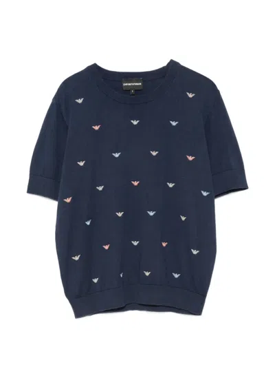 Emporio Armani Logo-embroidered Short-sleeve Sweater In Blue