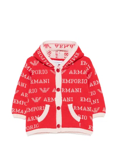 Emporio Armani Babies' Logo-intarsia Hooded Cardigan In Red