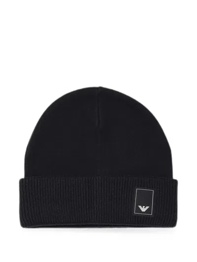 Emporio Armani Logo-patch Ribbed-trim Beanie Hat In Black