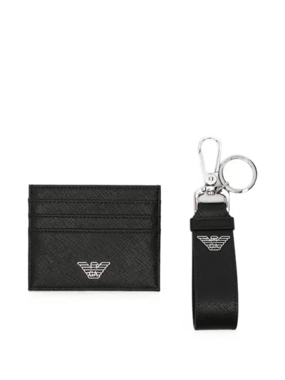 Emporio Armani Logo-plaque Cardholder And Keyring Set In Black