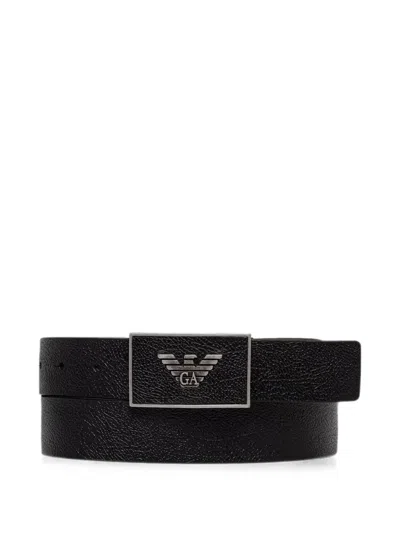 Emporio Armani Logo-plaque Pebbled-leather Belt In Black