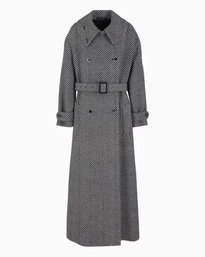 Emporio Armani Long, Double-breasted Coat In A Virgin Wool Blend With Two-tone Oversize-chevron Motif In Grey