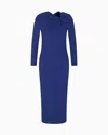 Emporio Armani Long Dress With Gathering Detail In Stretch Milano Stitch In Blue