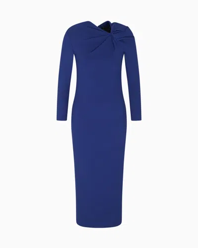 Emporio Armani Long Dress With Gathering Detail In Stretch Milano Stitch In Blue