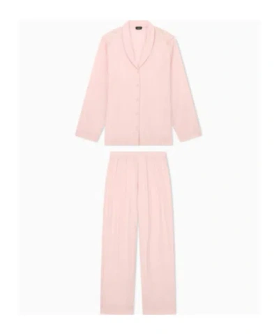 Emporio Armani Long Pyjama Set In Jacquard Viscose With Lace Details In Pink