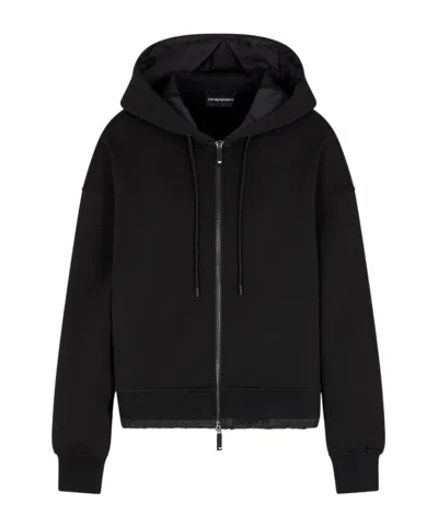 Emporio Armani Long Sleeve Hooded Drop Shoulder Two-way Zip Jacket In Black