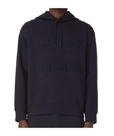 Emporio Armani Long Sleeve Hooded Sweatshirt In Navy