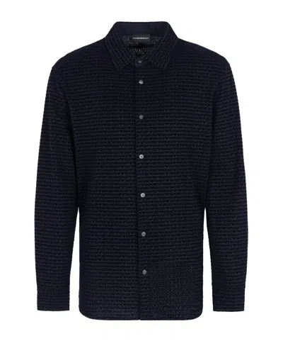 Emporio Armani Long Sleeve Lapel Flocked Shirt In Navy Blue