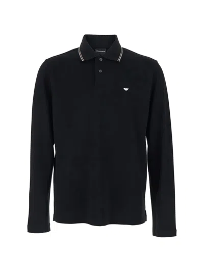 Emporio Armani Long Sleeve Polo Shirt Logo Collar In Black