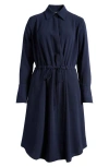 Emporio Armani Long Sleeve Tie Waist Crepe Shirtdress In Solid Bright Blue