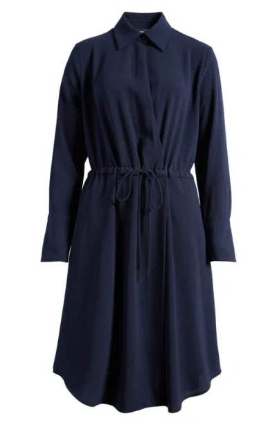 Emporio Armani Long Sleeve Tie Waist Crepe Shirtdress In Solid Bright Blue