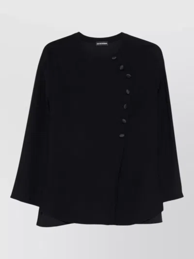 Emporio Armani Long Sleeve Top Round Neck Buttons In Black