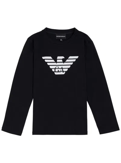 Emporio Armani Kids' Long-sleeved Blue Cotton T-shirt With Logo Print In Black