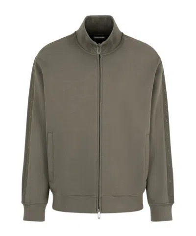 Emporio Armani Official Store Double-jersey Full-zip Sweatshirt With Embossed Logo Lettering Tape In Green