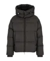 Emporio Armani Zipped, Hooded Down Jacket In Jacquard Nylon With All-over Logo Lettering In Black