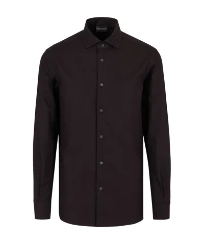 Emporio Armani Long-sleeved Lapel Full-body Logo Jacquard Shirt In Logo Nero