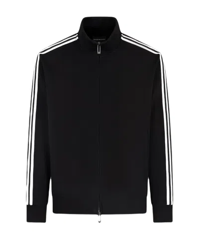 Emporio Armani Long-sleeved Stand-neck Cardigan And Hoodie In Black