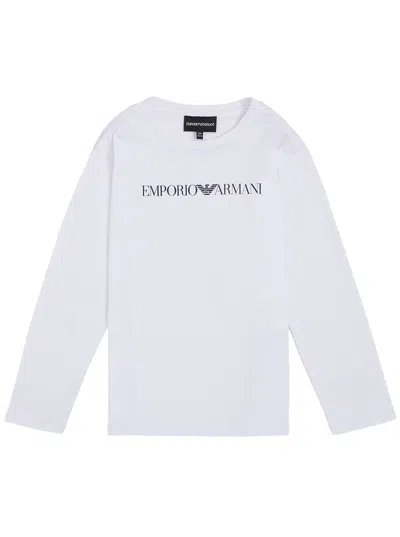 Emporio Armani Kids' Long-sleeved White Cotton T-shirt With Logo Print