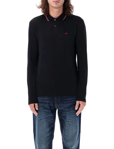 Emporio Armani Black Long Sleeve Polo Shirt With Logo Embroidery In 0999