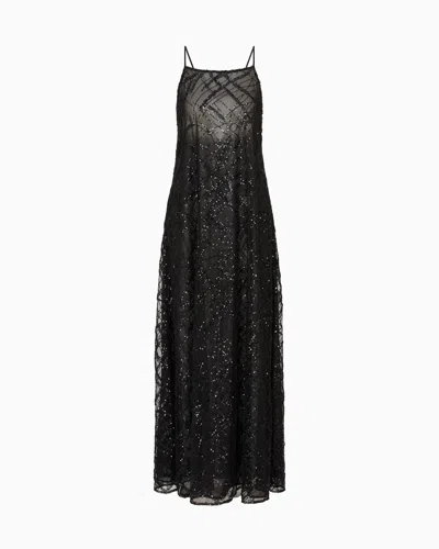 Emporio Armani Long Tulle Dress With All-over Micro-sequin And Jet Embroidery In Black
