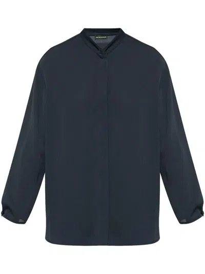 Emporio Armani Band Collar Textured Shirt With Button Detail In Blue
