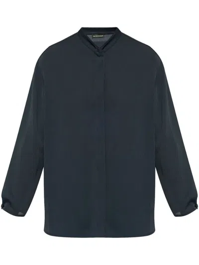 Emporio Armani Band Collar Textured Shirt With Button Detail In Blue