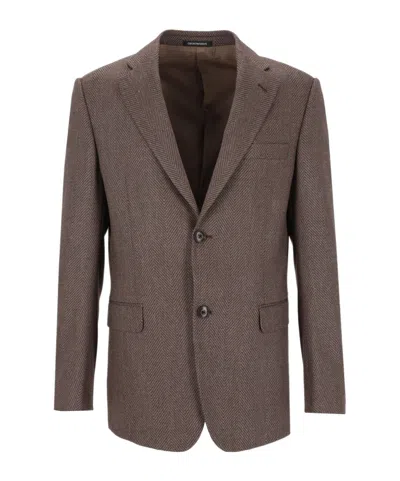 Emporio Armani Herringbone Single-breasted Suit In Brown