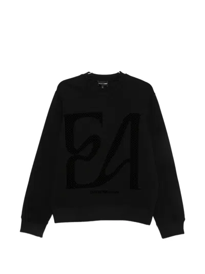 Emporio Armani Logo Cotton Sweatshirt Regular Fit Ribbed Cuffs In Black